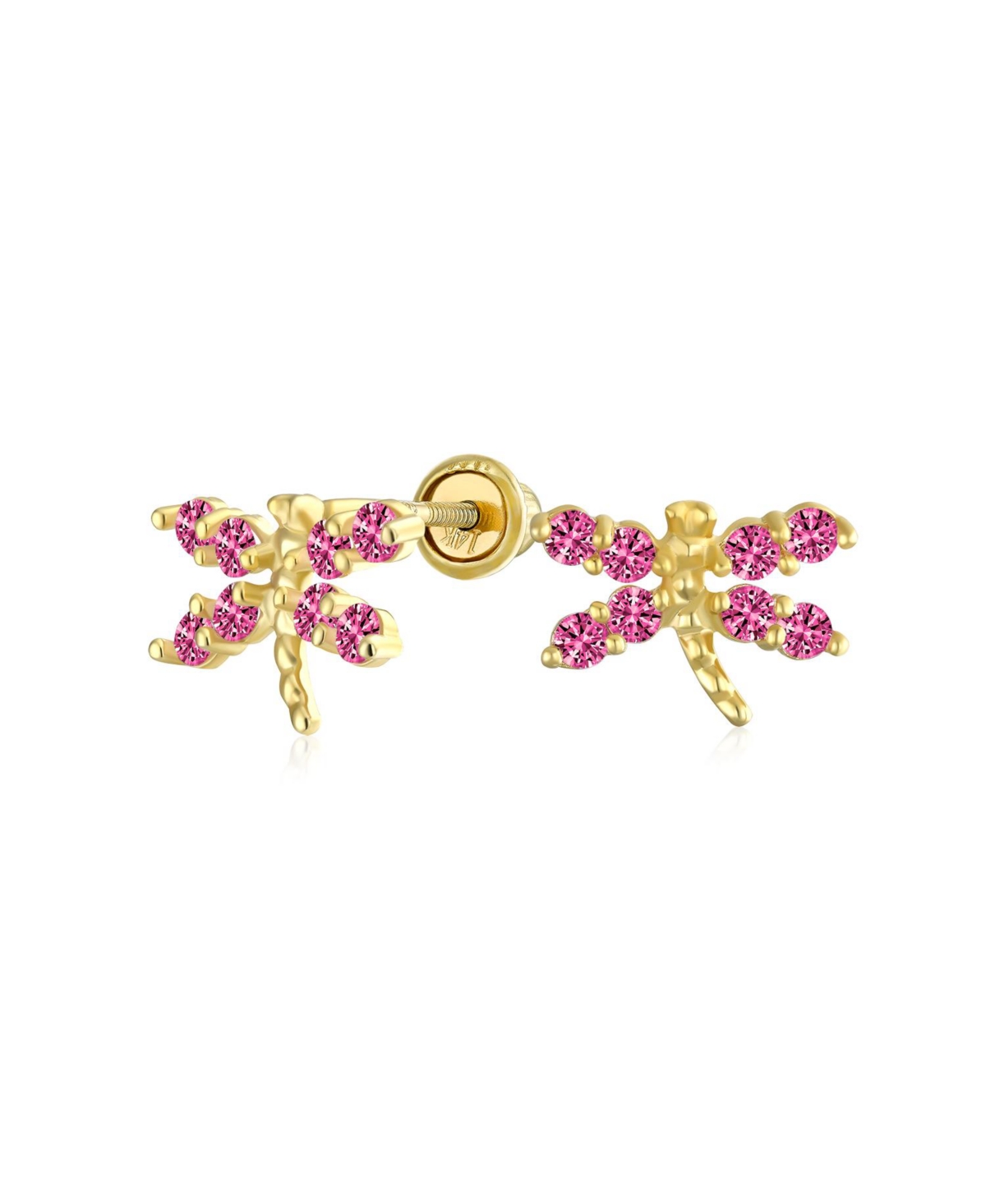 Cz Tiny Cubic Zirconia Pink Fuchsia Simulated Ruby Cz Dragonfly Firefly Butterfly Stud Earrings Real 14K Yellow Gold Screw back - Pink