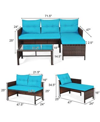 3 Pieces Outdoor Patio Corner Rattan Sofa Set-Turquoise