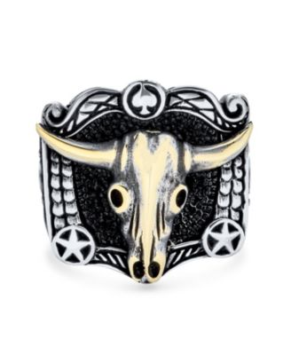 Black Textured Animal Buffalo Cow Skull Antelope Goat Big Texas Longhorn Skull Signet Ring Two Tone Sterling Silver