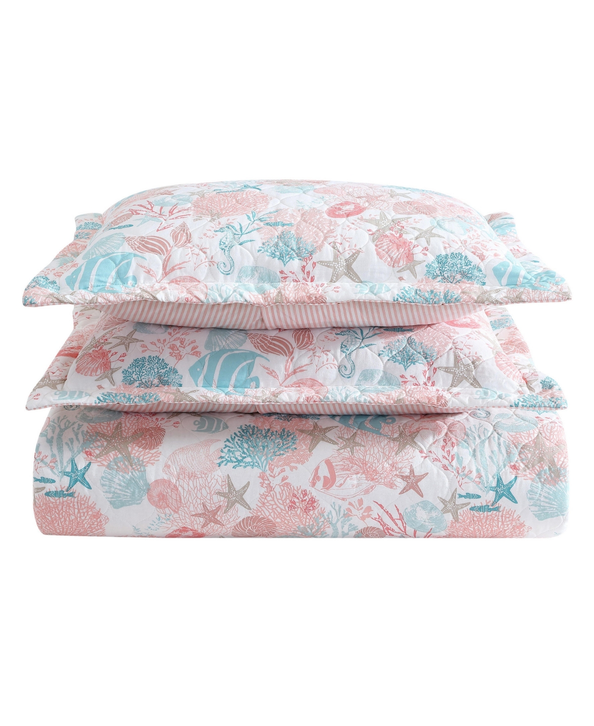 Laura Ashley Swimtime Reversible 3 Piece Quilt Set, King In White,coral,aqua