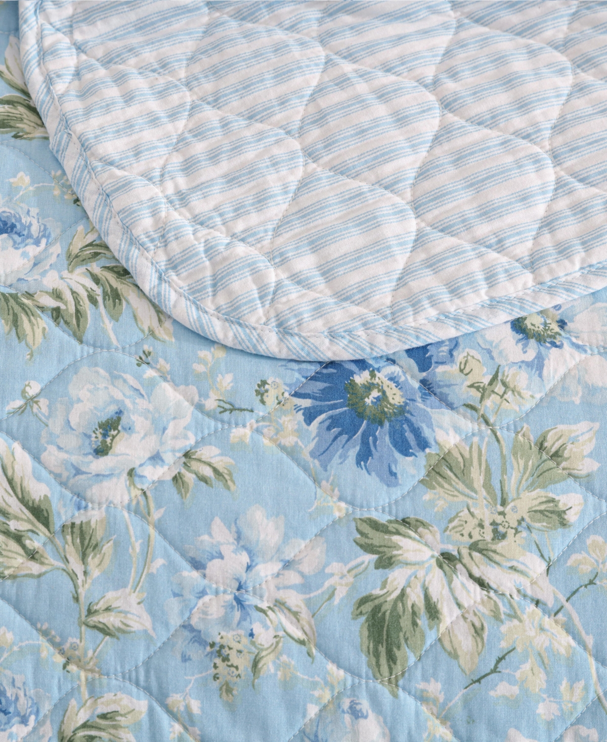 Laura Ashley Peony Garden Reversible 3 Piece Quilt Set, Full/queen In Light Blue,green