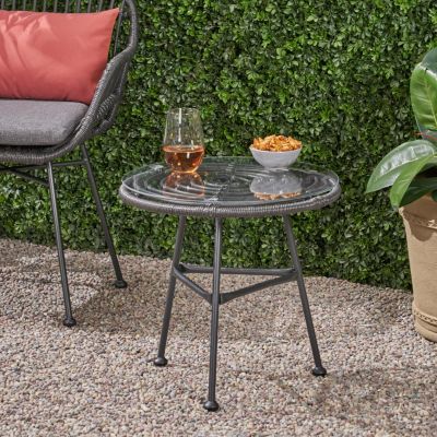 Modern Rattan Side Table with Tempered Glass Top and Steel Frame