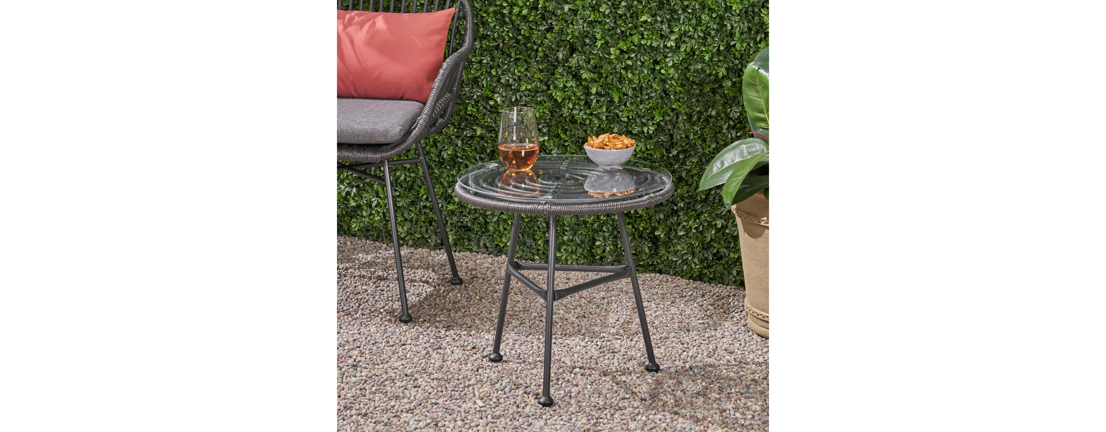 Simplie Fun Modern Rattan Side Table with Tempered Glass Top and Steel Frame