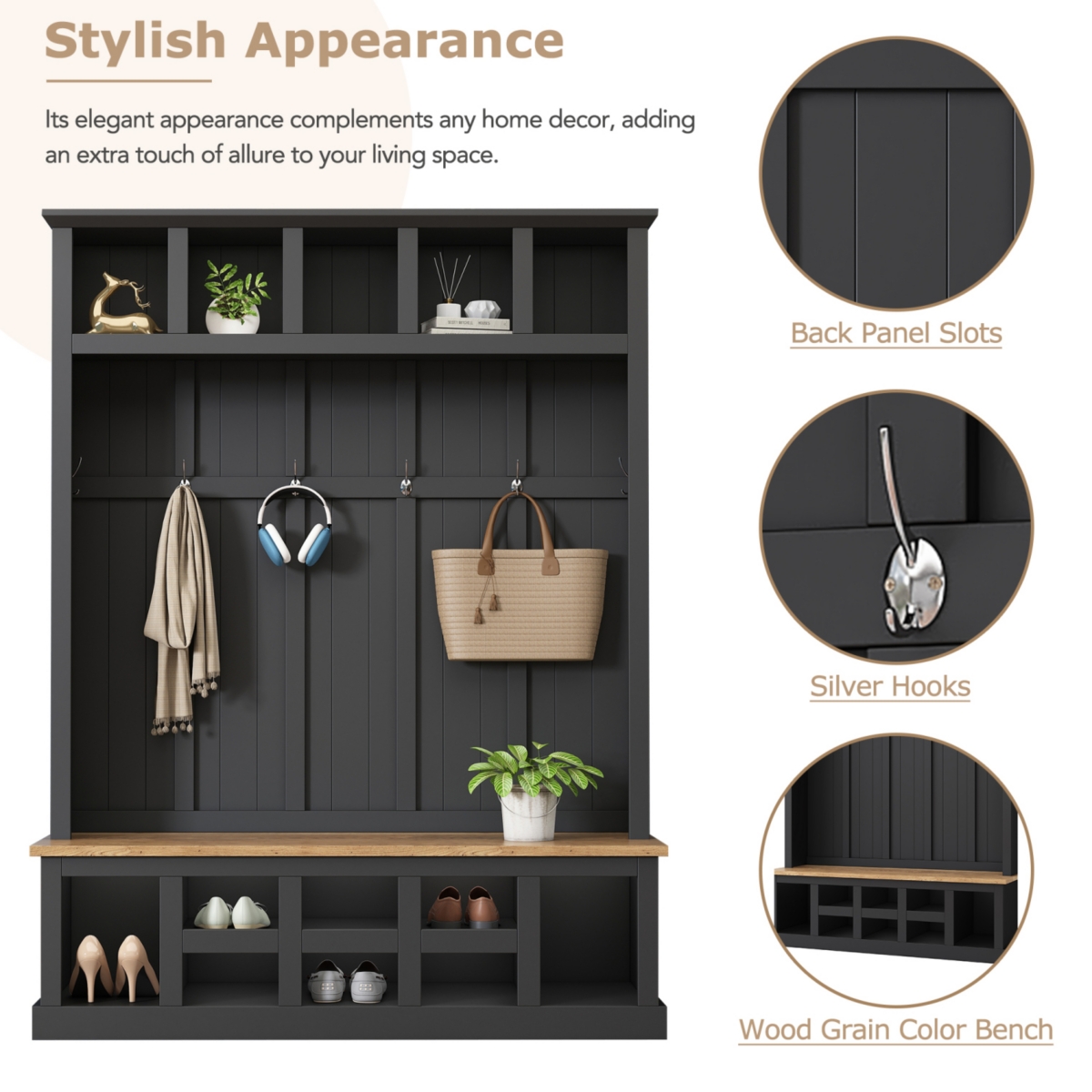 Farmhouse Hall Tree with Bench, Shoe Storage, Coat Rack