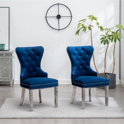  Contemporary Tufted Velvet Chair with Nailhead Trim, Set of 2, Blue