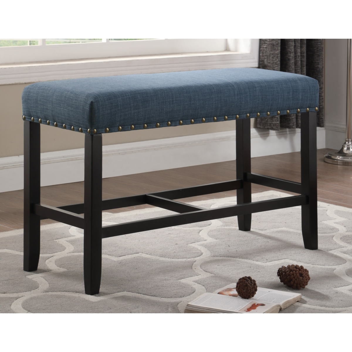 Streamdale Furniture Fabric Counter Height Dining Bench with Nailhead Trim, Blue