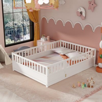 Montessori Floor Bed Frame with High Barrier and Door