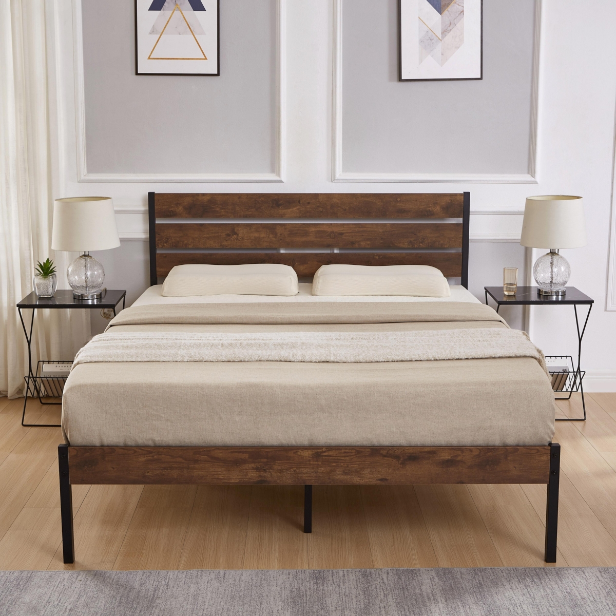 Streamdale Furniture Size Bed Frame with Wood Headboard, Metal Frame with Strong Slats, Noise Free, No Box Spring Needed - Brown