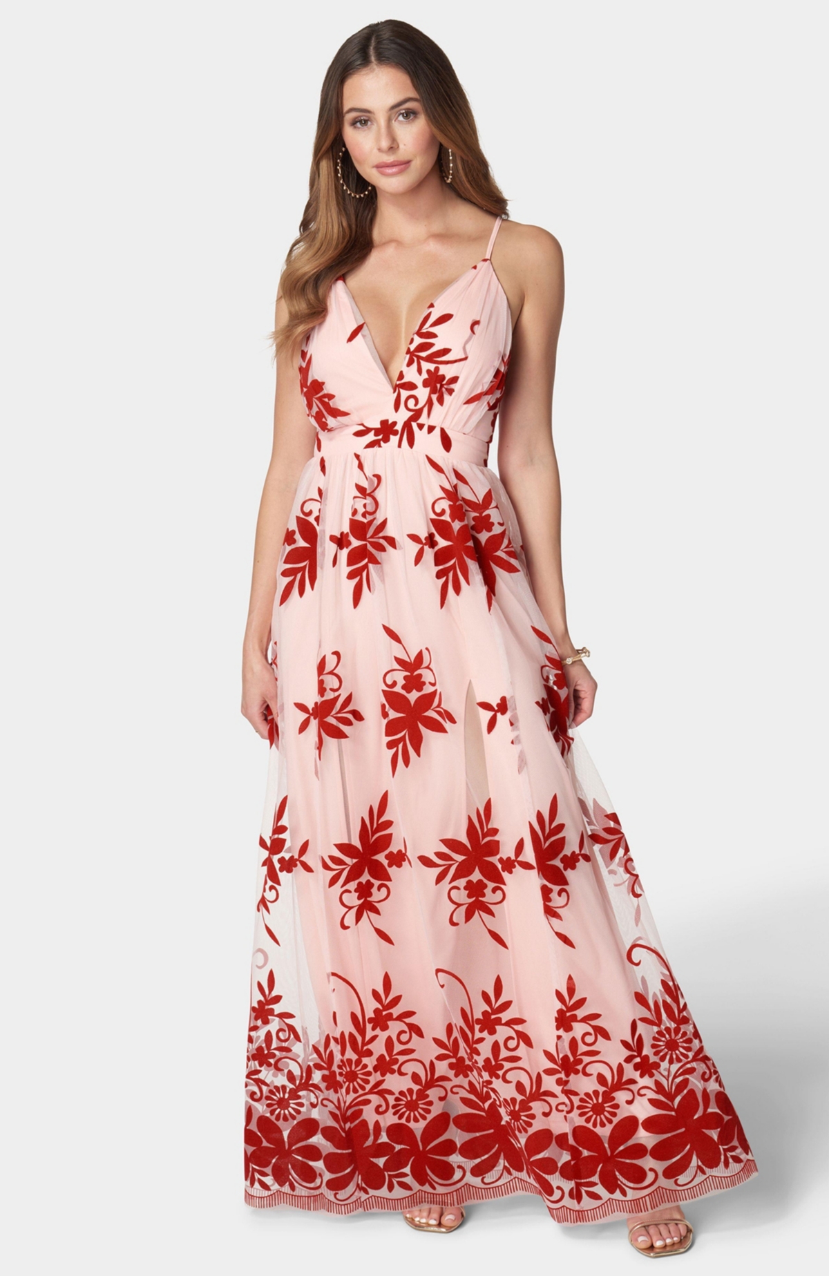 Women's Plunge Neck Embroidered Maxi Dress - Pink