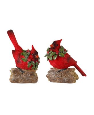 Perched Cardinal Bird On Log With Holly Wreath Accent (Set of 2)