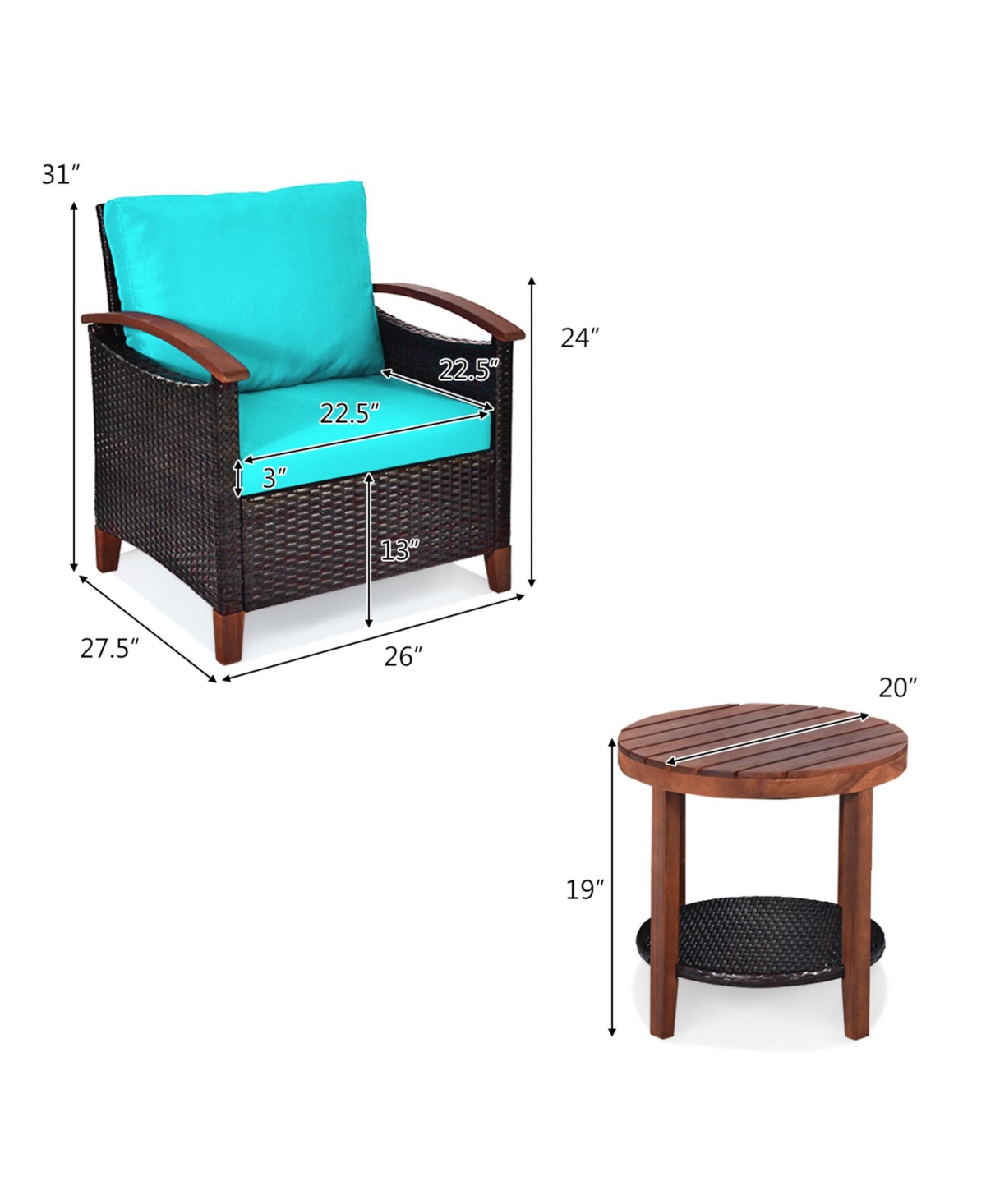 Gymax 3PCS Patio Wicker Rattan Conversation Set Outdoor Furniture Set w/Cushion - Turquoise/aqua+black+brown