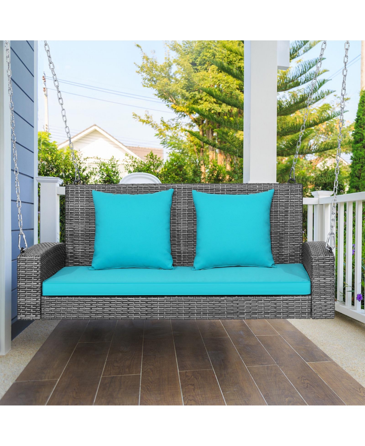 Slickblue 2-Person Patio Pe Wicker Hanging Porch Swing Bench Chair Cushion 800 Pounds