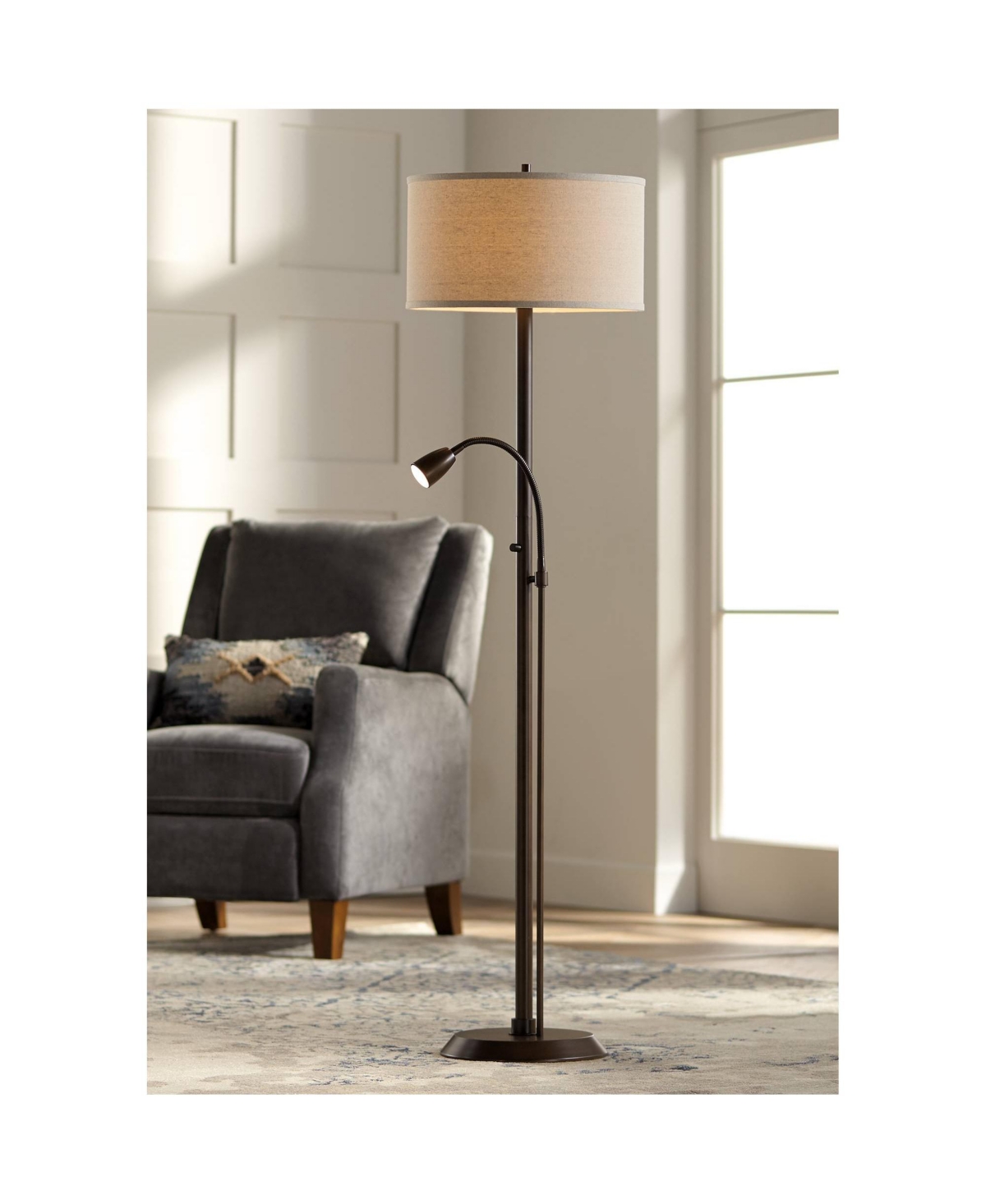 Possini Euro Design Traverse Modern Floor Lamp with Gooseneck Reading Light Led Tall Oil Rubbed Bronze Metal Oatmeal Fabric Drum Shade Decor for L