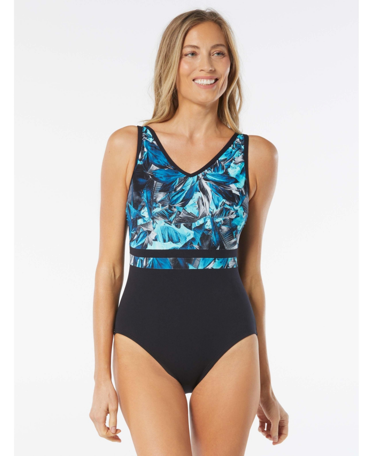 Women's V-Neck One Piece Swimsuit, Water Garden - 405 blue multi