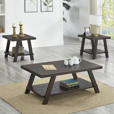 Contemporary 3-Piece Wood Shelf Coffee Table Set in Weathered Espresso