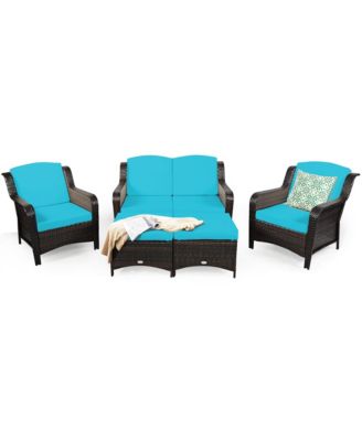5PCS Patio Rattan Furniture Set Loveseat Sofa Ottoman