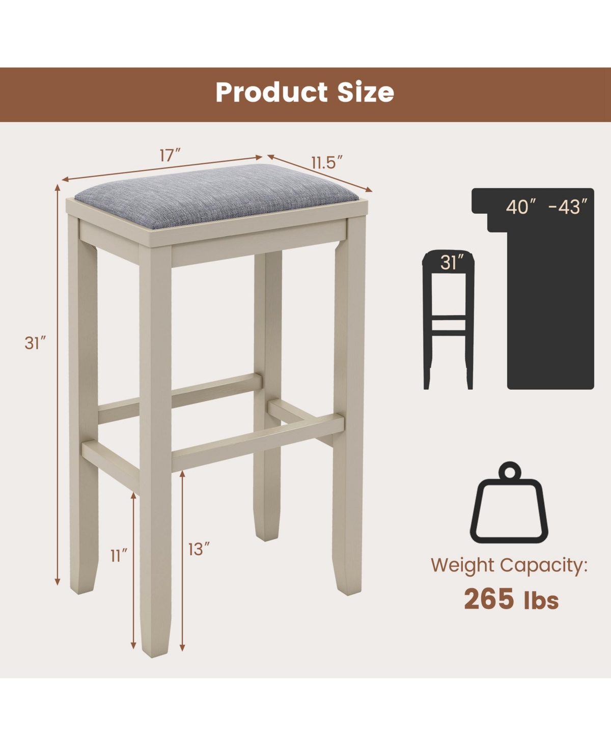 Costway Set of 2 Upholstered Bar Stools Wooden Bar Height Dining Chairs