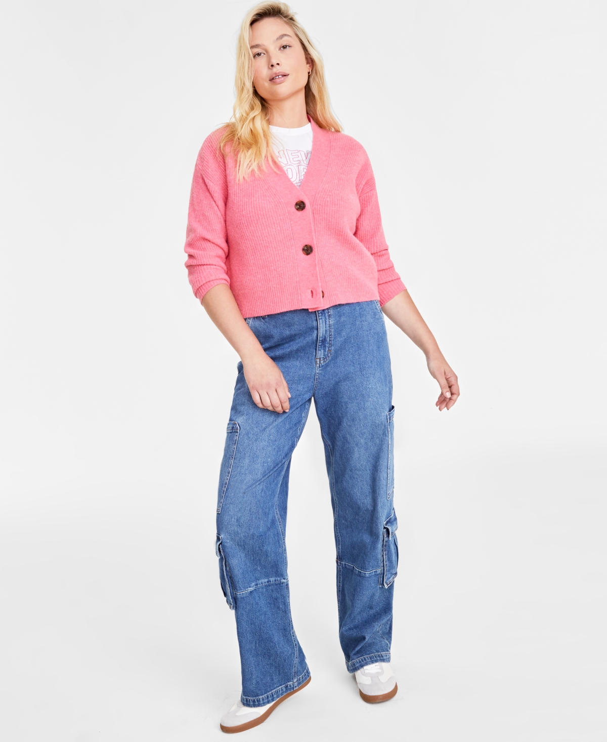 On 34th Women's Three-button Classic Cardigan, Created For Macy's In Strawberry Ice