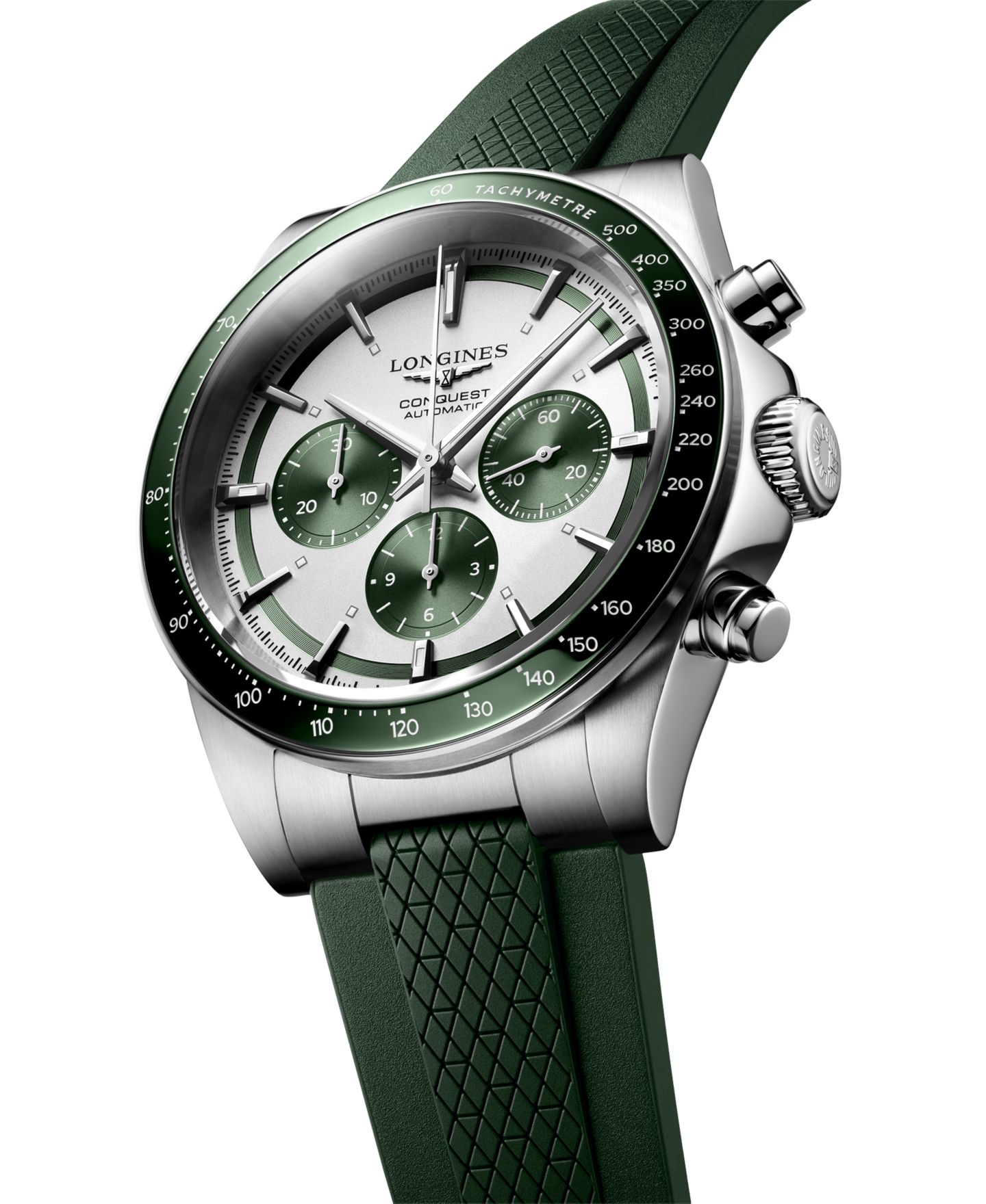 Мужские часы Longines Swiss Automatic Chronograph Conquest Green Rubber Strap Watch 42mm — фото 3