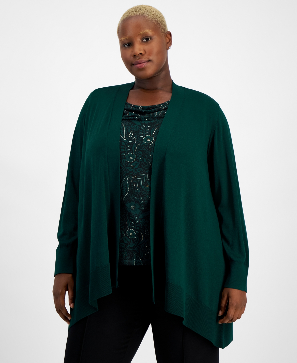 KASPER PLUS SIZE LONG-SLEEVE OPEN-FRONT CARDIGAN 