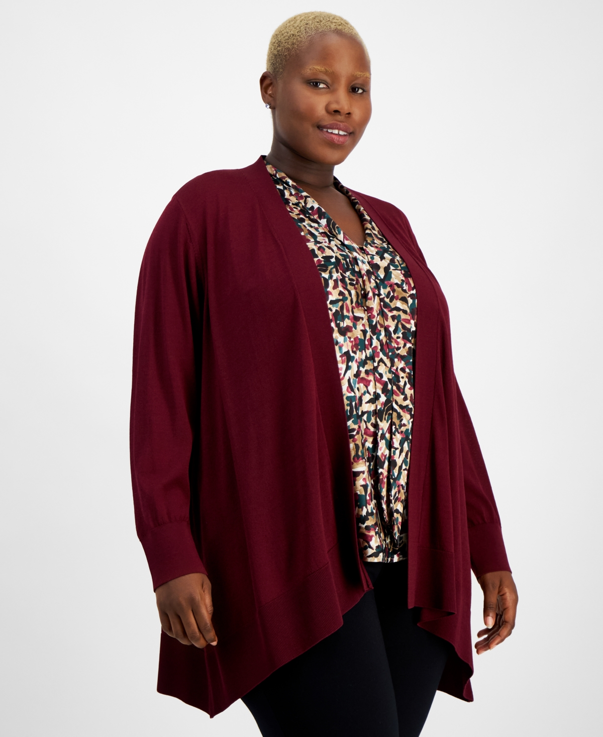 Kasper Plus Size Long-sleeve Open-front Cardigan In Shiraz