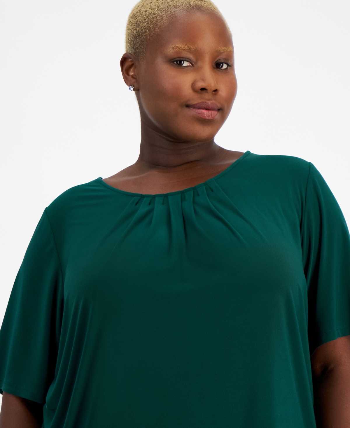 Kasper Plus Size Pleated-Scoop-Neck Short-Sleeve Blouse