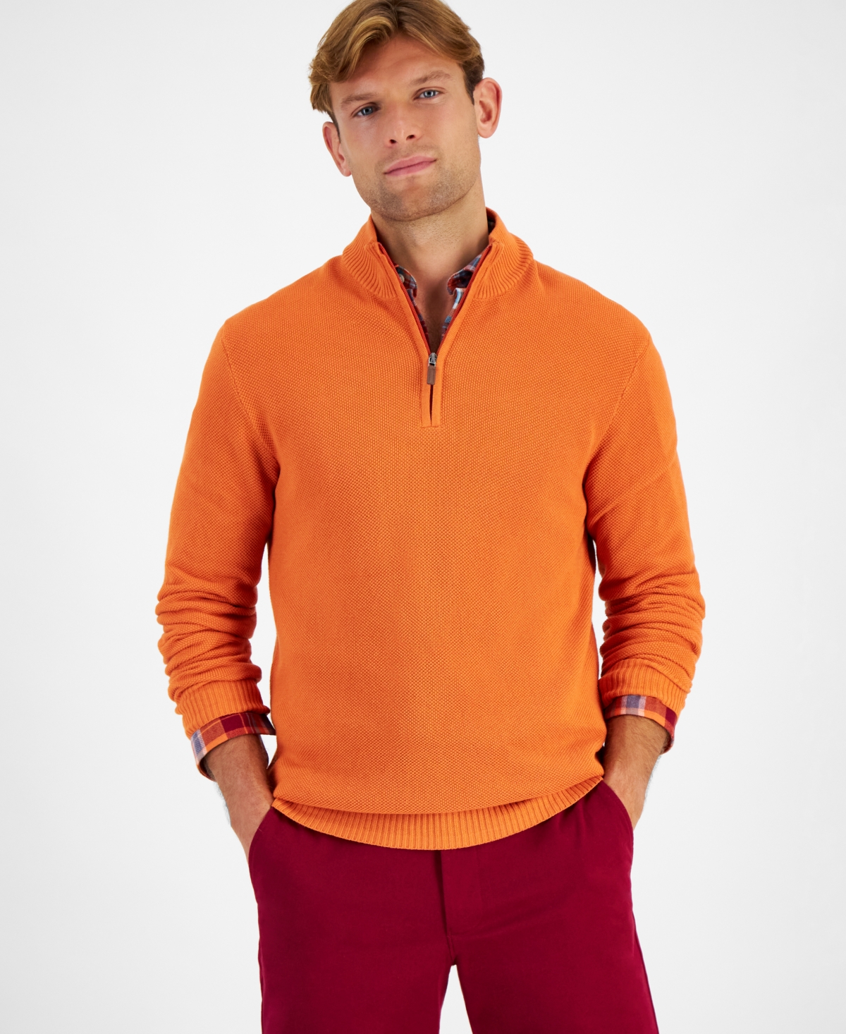Men's Quarter-Zip Textured Cotton Sweater, Created for Macy's - Toast Heather