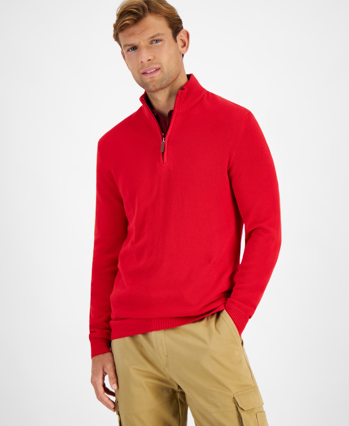 Men's Quarter-Zip Textured Cotton Sweater, Created for Macy's - Carrot Top