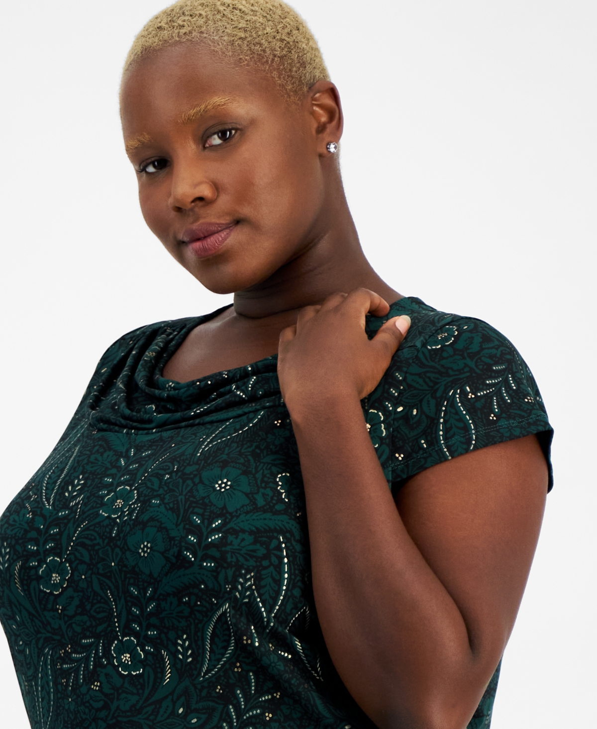 Kasper Plus Size Paisley-Print Cowlneck Cap-Sleeve Top