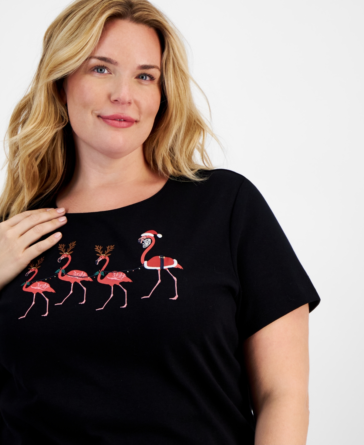 Holiday Lane Plus Size Flamingo Flair Short-Sleeve Top, Created for Macy's