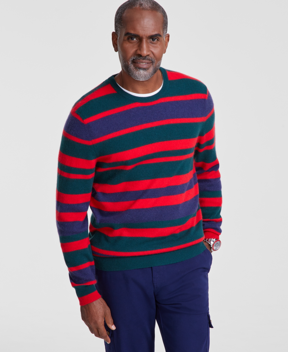 Men's Printed Stripe Cashmere Crewneck Sweater, Created for Macy's - Bonsai