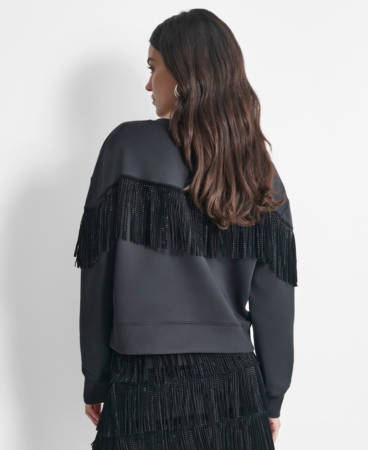Dkny Womens Embellished Fringe Top Studded Fringe Mini Skirt In Black
