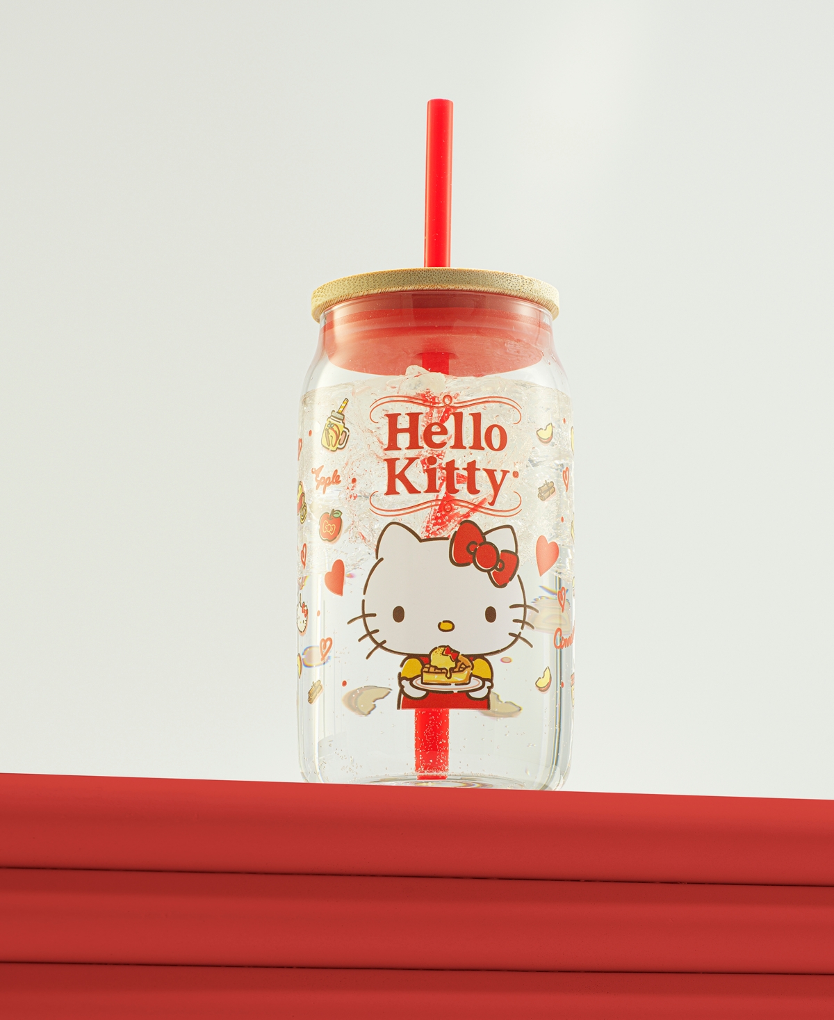 JOYJOLT HELLO KITTY AND FRIENDS FAVORITE FLAVOR HELLO KITTY CAN SHAPED GLASS TUMBLER WITH WOOD LID AND STRAW 