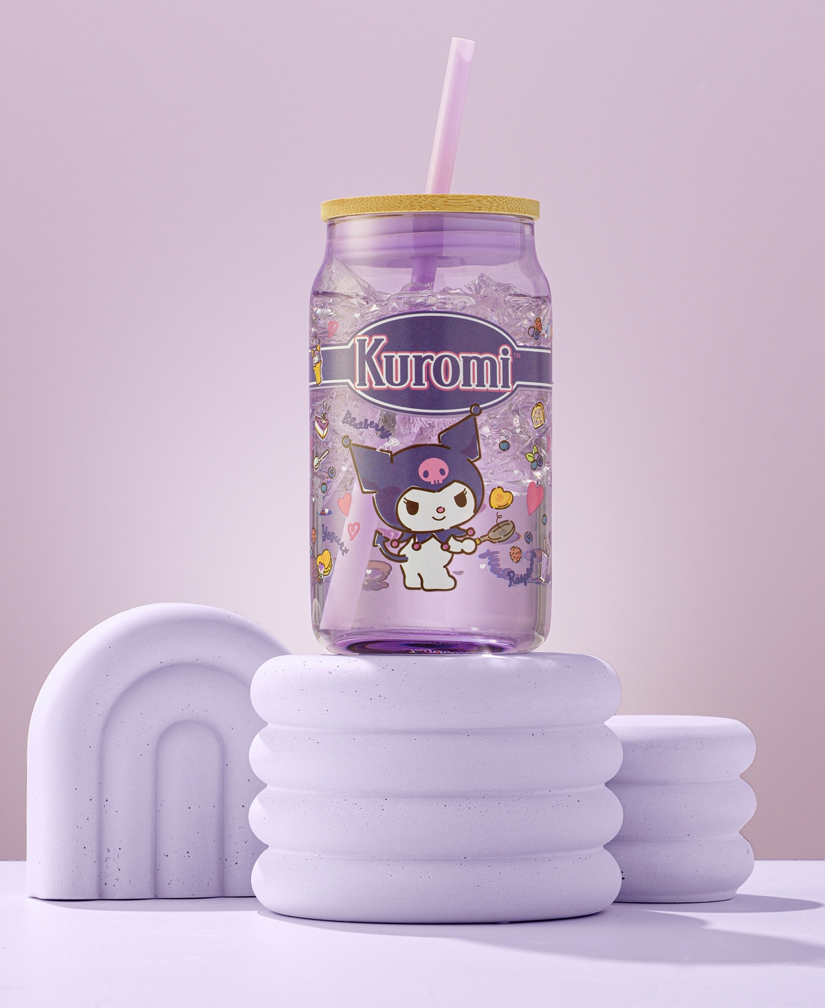 JOYJOLT HELLO KITTY AND FRIENDS FAVORITE FLAVOR KUROMI CAN SHAPED GLASS TUMBLER WITH WOOD LID AND STRAW 