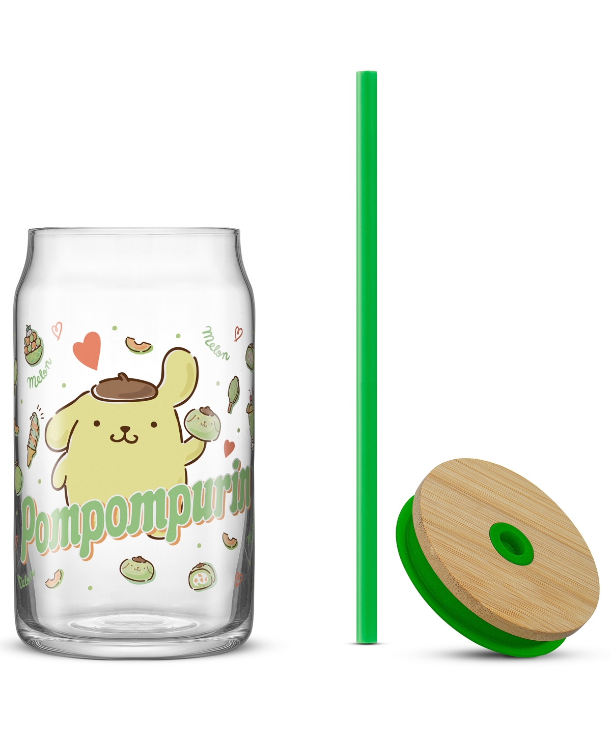 Joyjolt Hello Kitty And Friends Favorite Flavor Pompompurin Can Shaped Glass Tumbler With Wood Lid And Straw In Multi