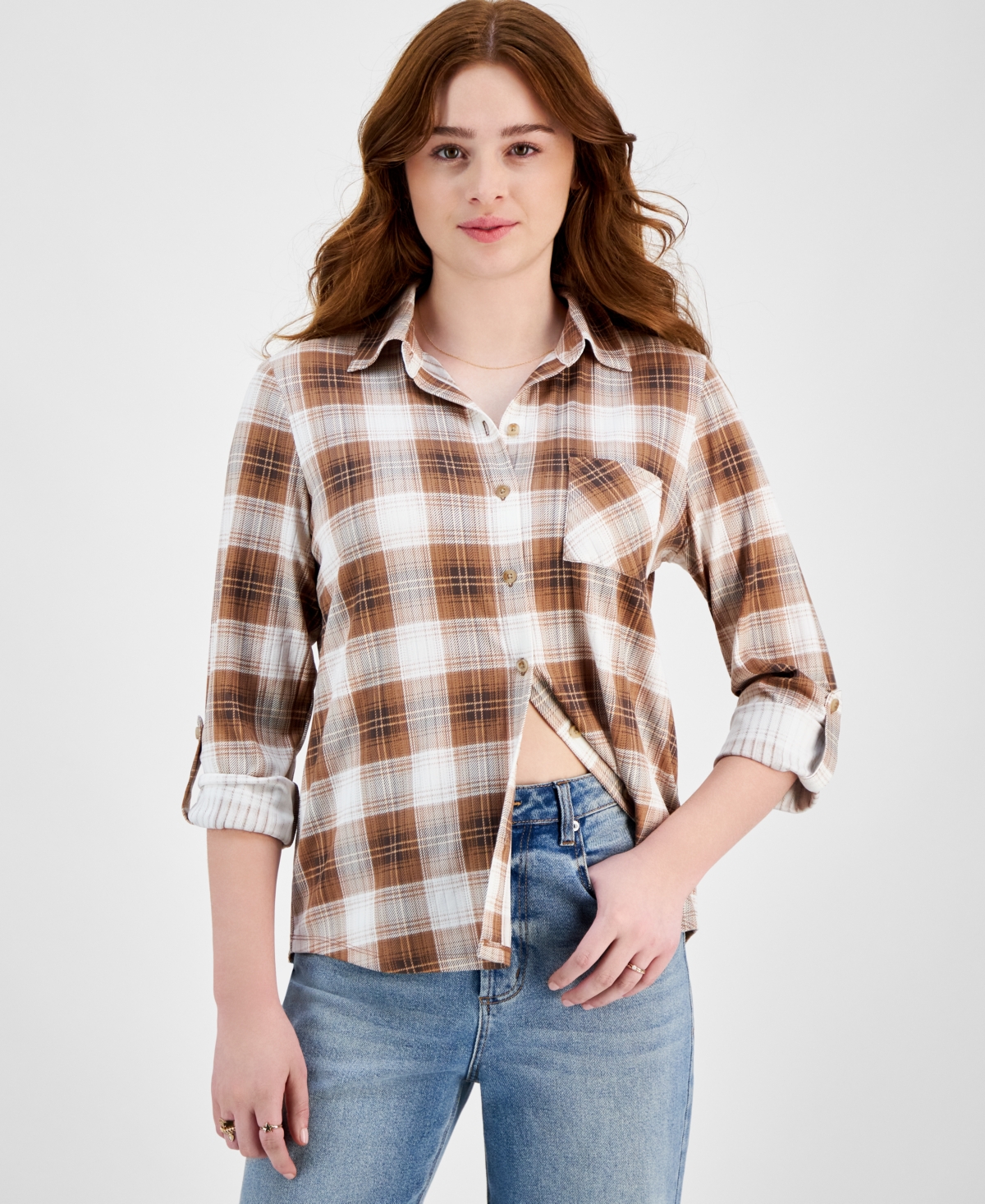 Just Polly Juniors' Cozy Plaid Collared Knit Shirt -Mocha