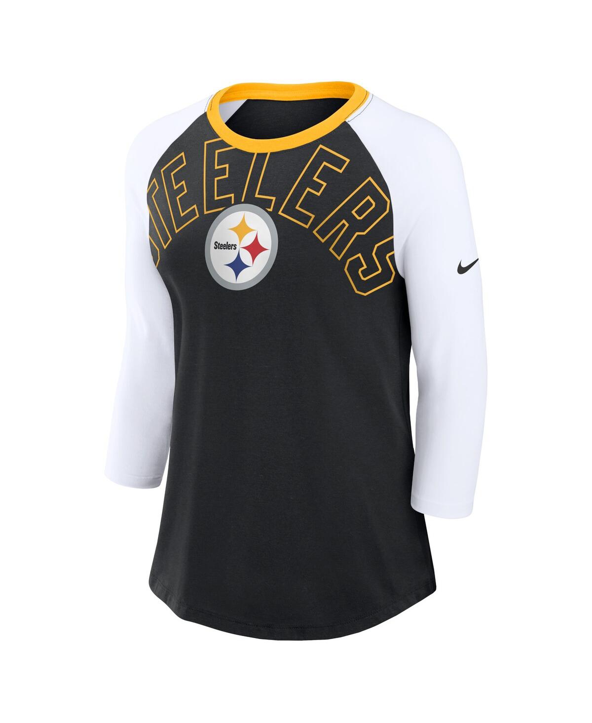 Nike Women'sWhite Pittsburgh Steelers Knockout Arch Raglan Tri-Blend 3/4-Sleeve T-Shirt - Black, White