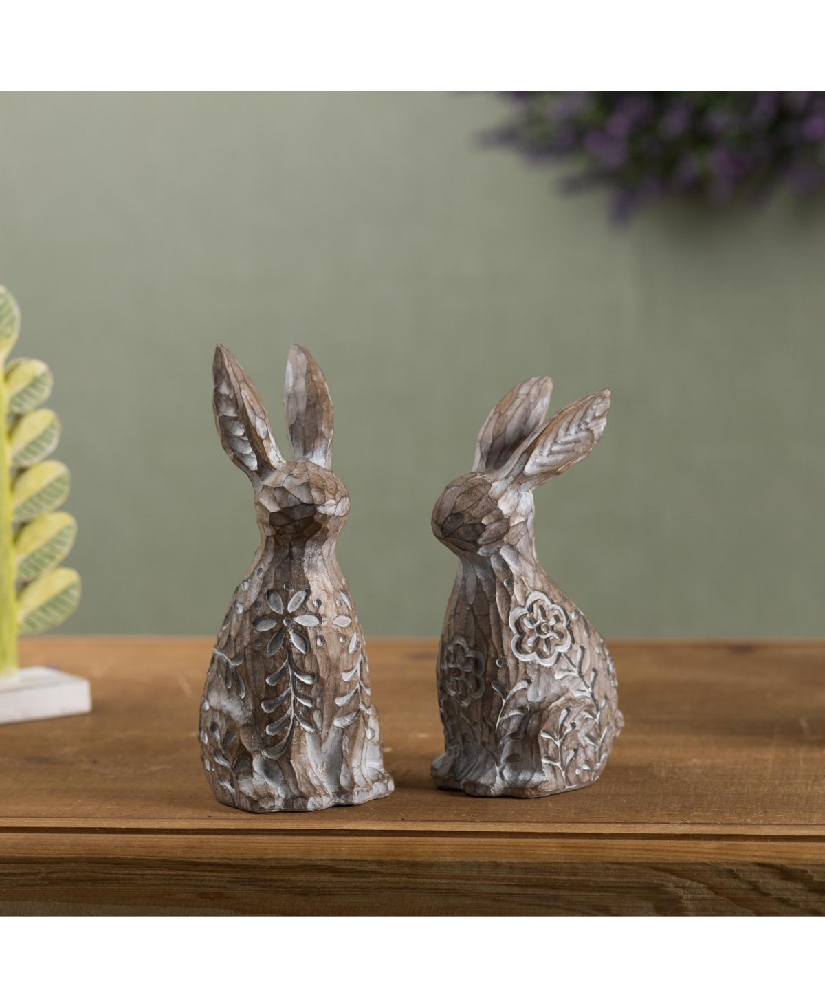 Slickblue Floral Carved Rabbit Figurine (Set of 2) - White