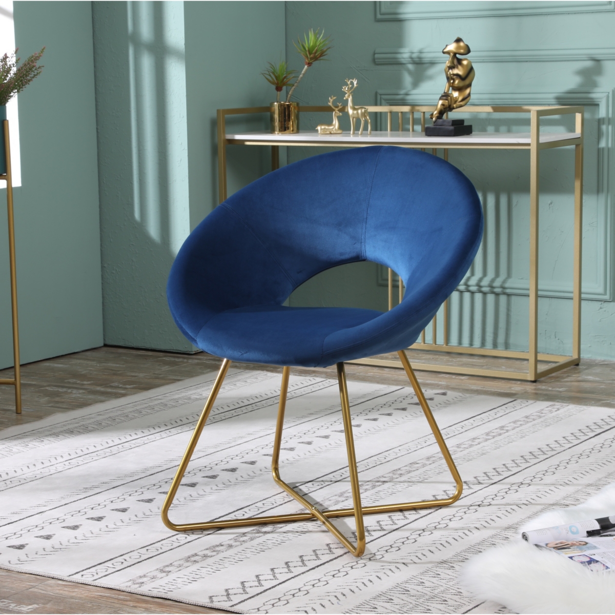 Simplie Fun Blue Silky Velvet Upholstered Accent Chair with Gold Tone Finished Base
