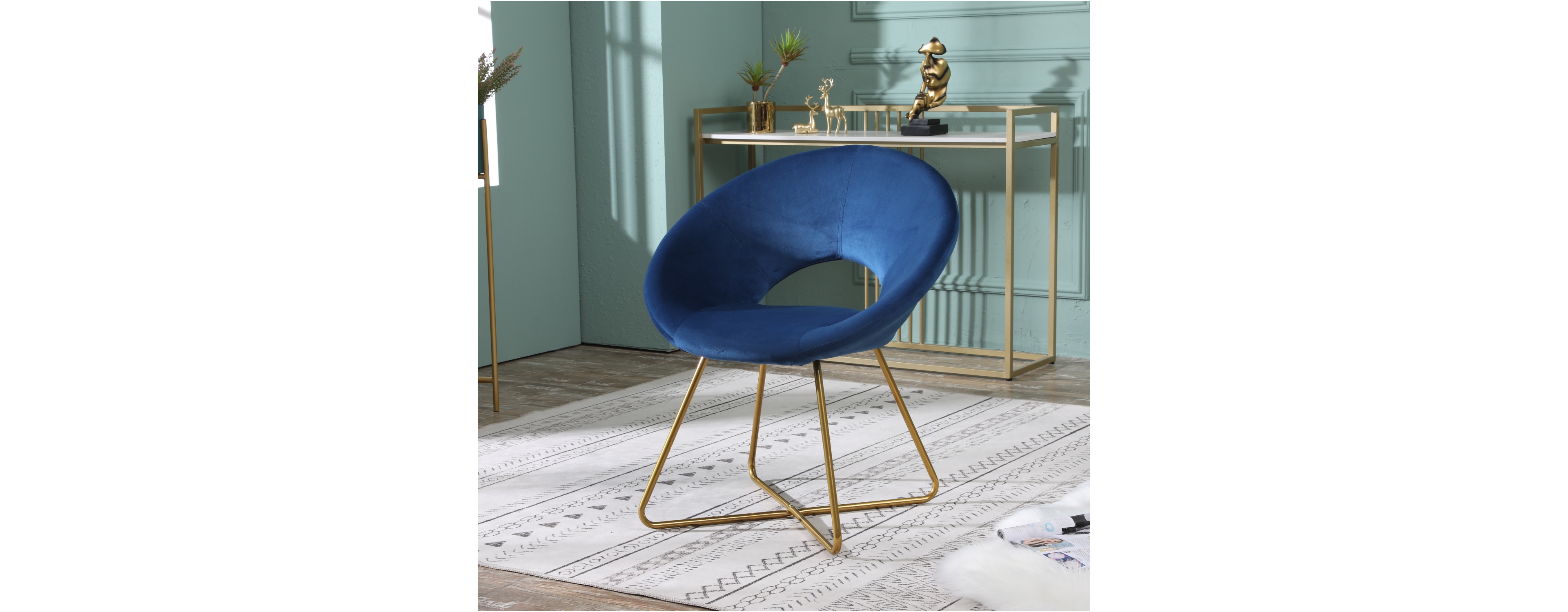 Simplie Fun Blue Silky Velvet Upholstered Accent Chair with Gold Tone Finished Base