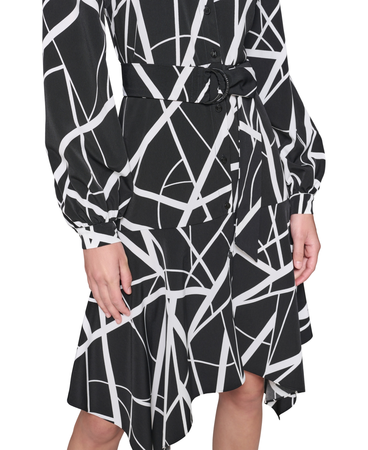 Karl Lagerfeld Paris Women's Printed Handkerchief-Hem Shirtdress - Black  Soft White