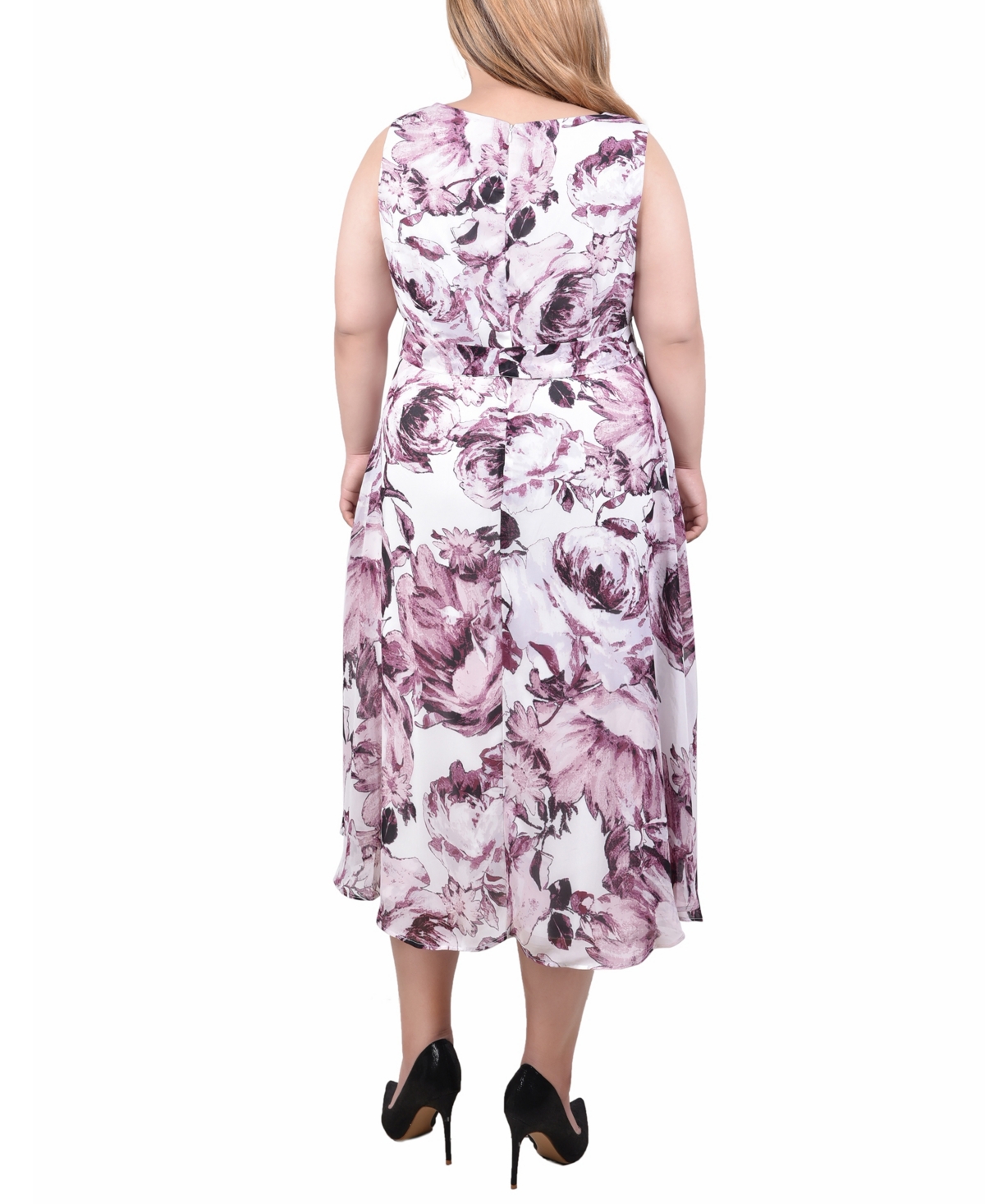 Ny Collection Plus Size Sleeveless Chiffon Belted Dress In Sage Mauve Floral
