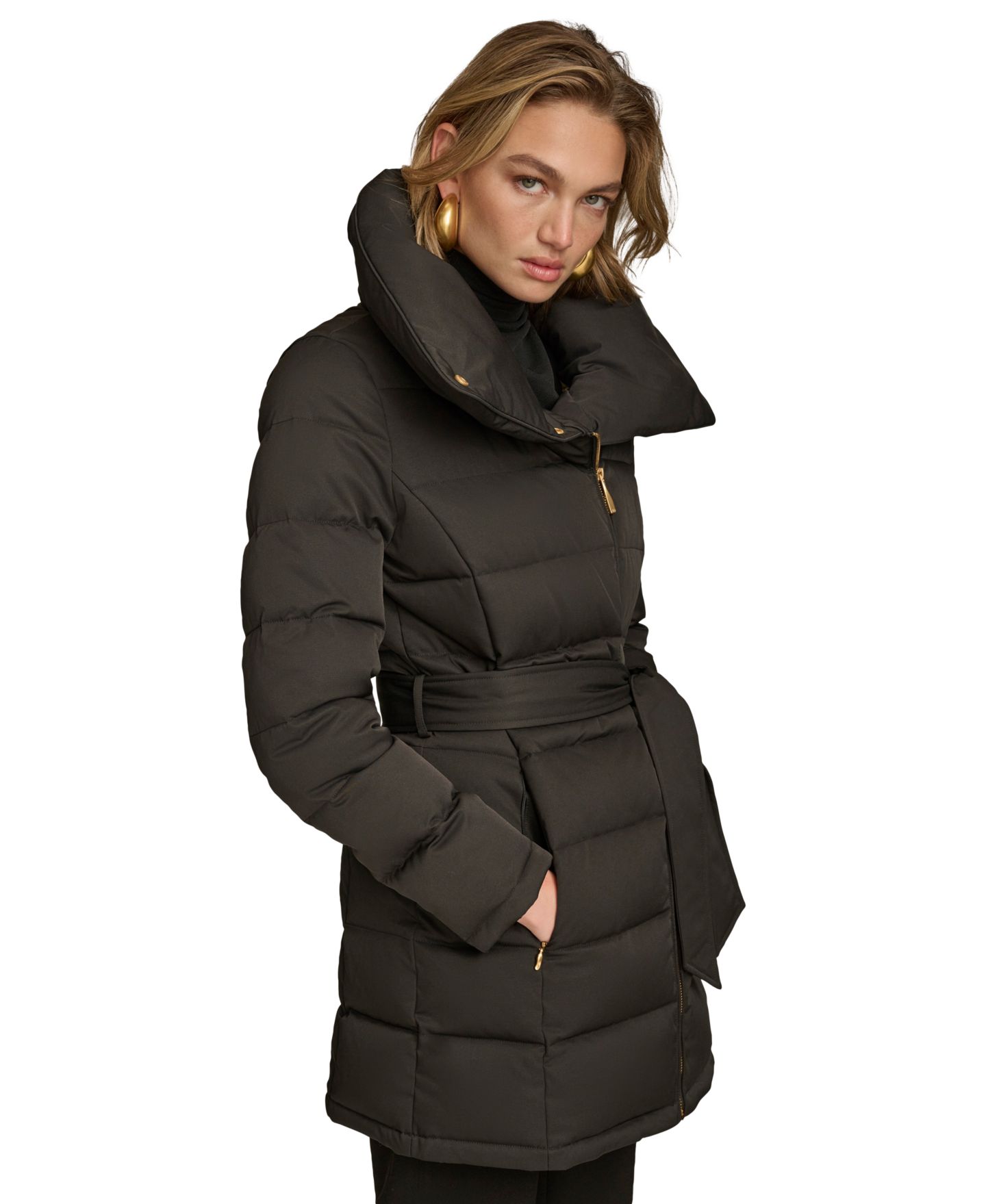 Женская куртка Donna Karan New York Belted Asymmetric Puffer, цвет: Чёрный — фото 7