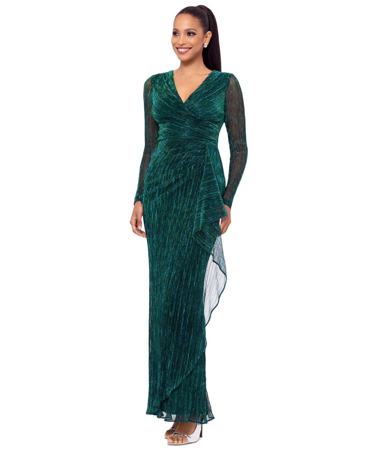 Betsy & Adam Women's Metallic Draped Long-Sleeve Gown