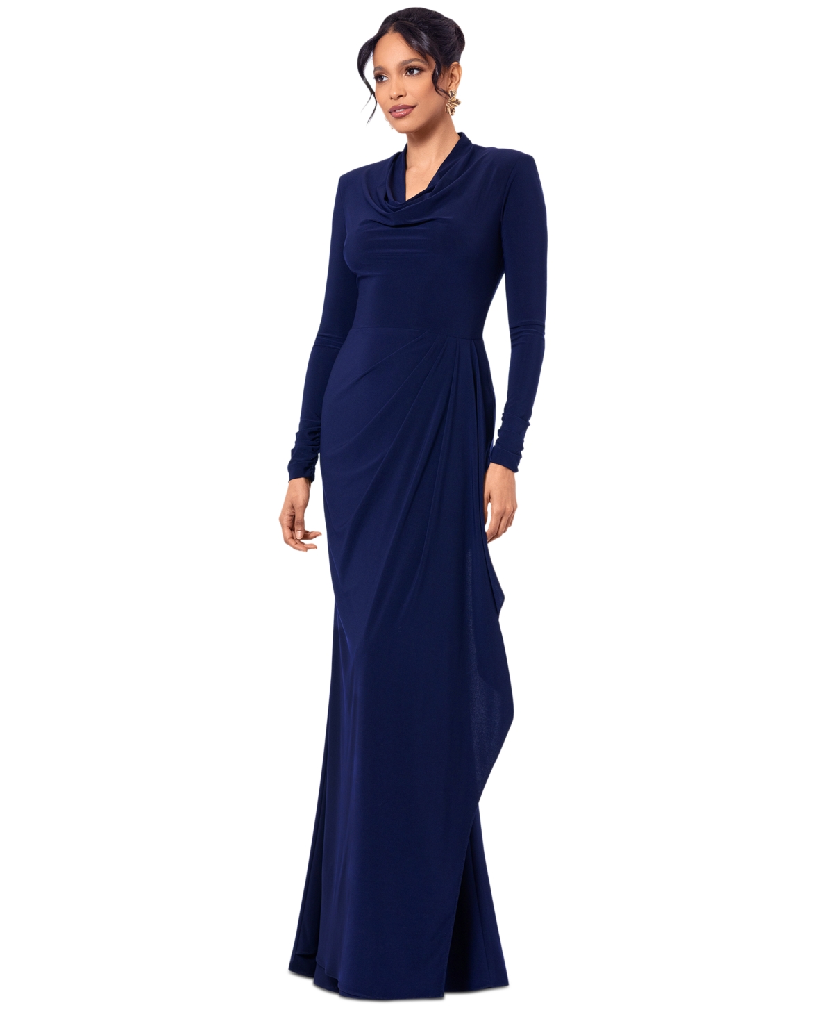 Betsy & Adam Women's Cowlneck Draped Long-Sleeve Gown