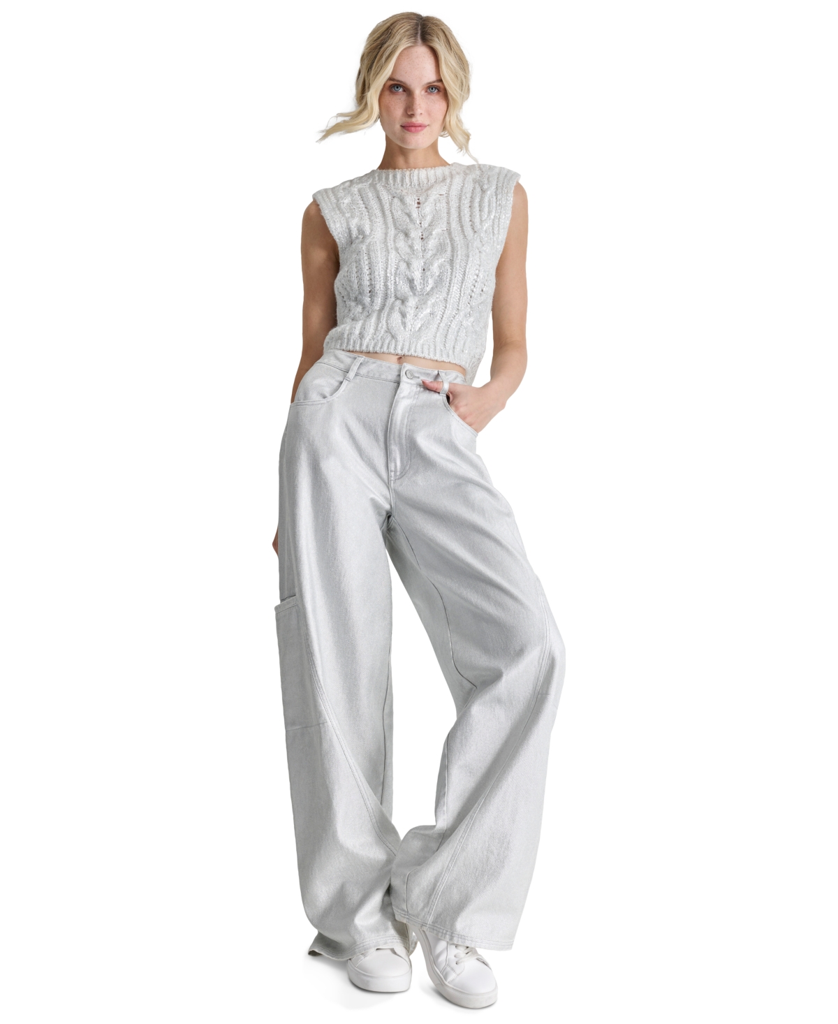 Dkny Jeans Petite Cropped Cable-Knit Metallic-Threaded Sleeveless Sweater -Silver