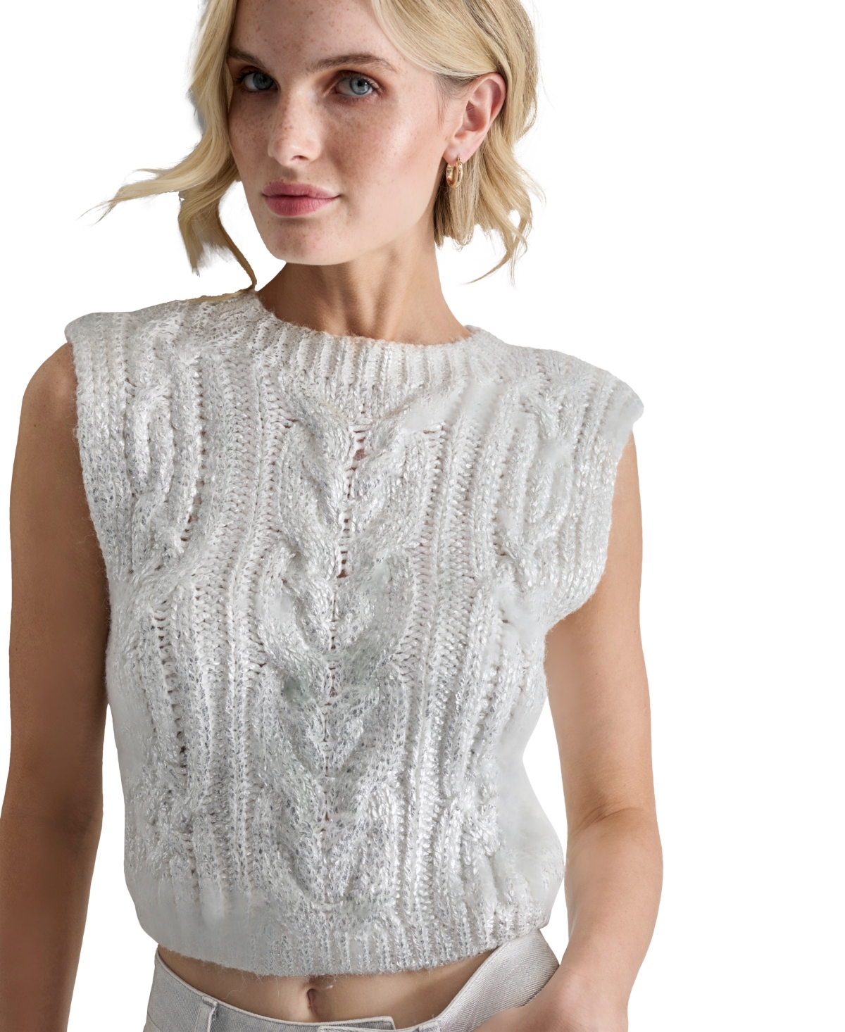 Dkny Jeans Petite Cropped Cable-Knit Metallic-Threaded Sleeveless Sweater -Silver
