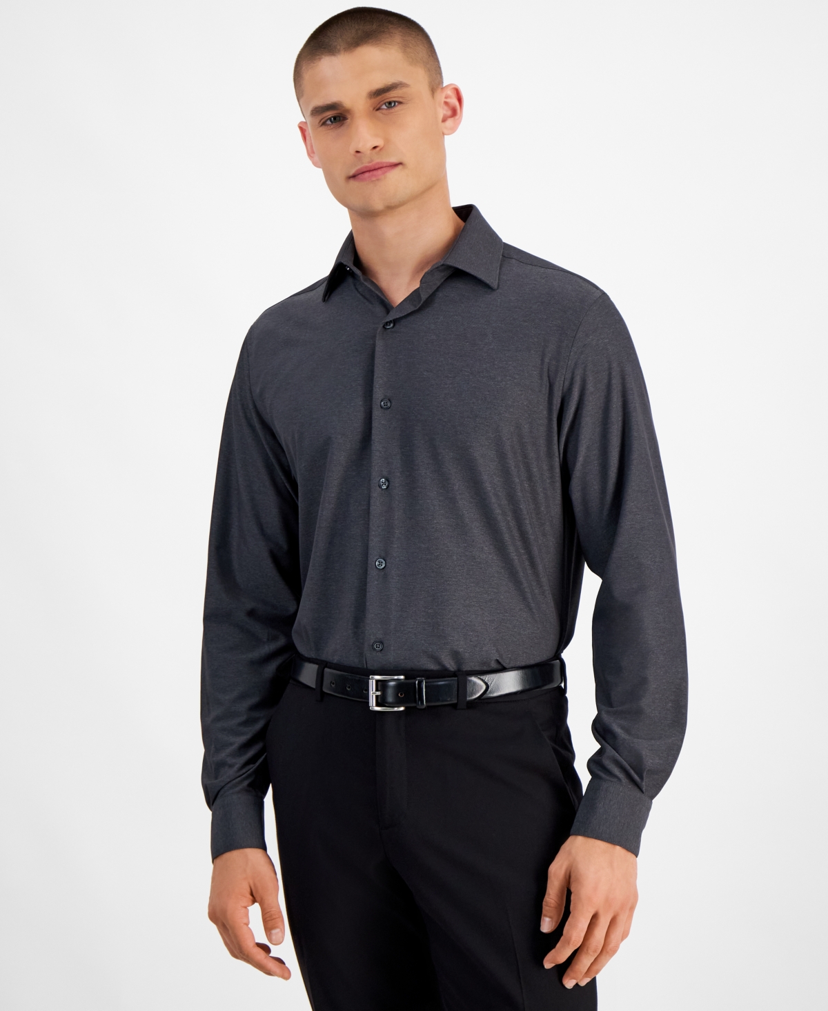 Men's Slim-Fit Melange Solid Dress Shirt, Created for Macy's - Blue Notte/black