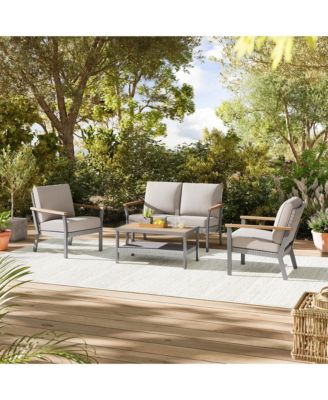 Sencillo Collection - 4 Piece Patio Furniture Set, 2 Lounge Chairs, 1 Loveseat, 1 Coffee Table, Modern and Transitional Style, Rattan, Wood, Gray and Beige