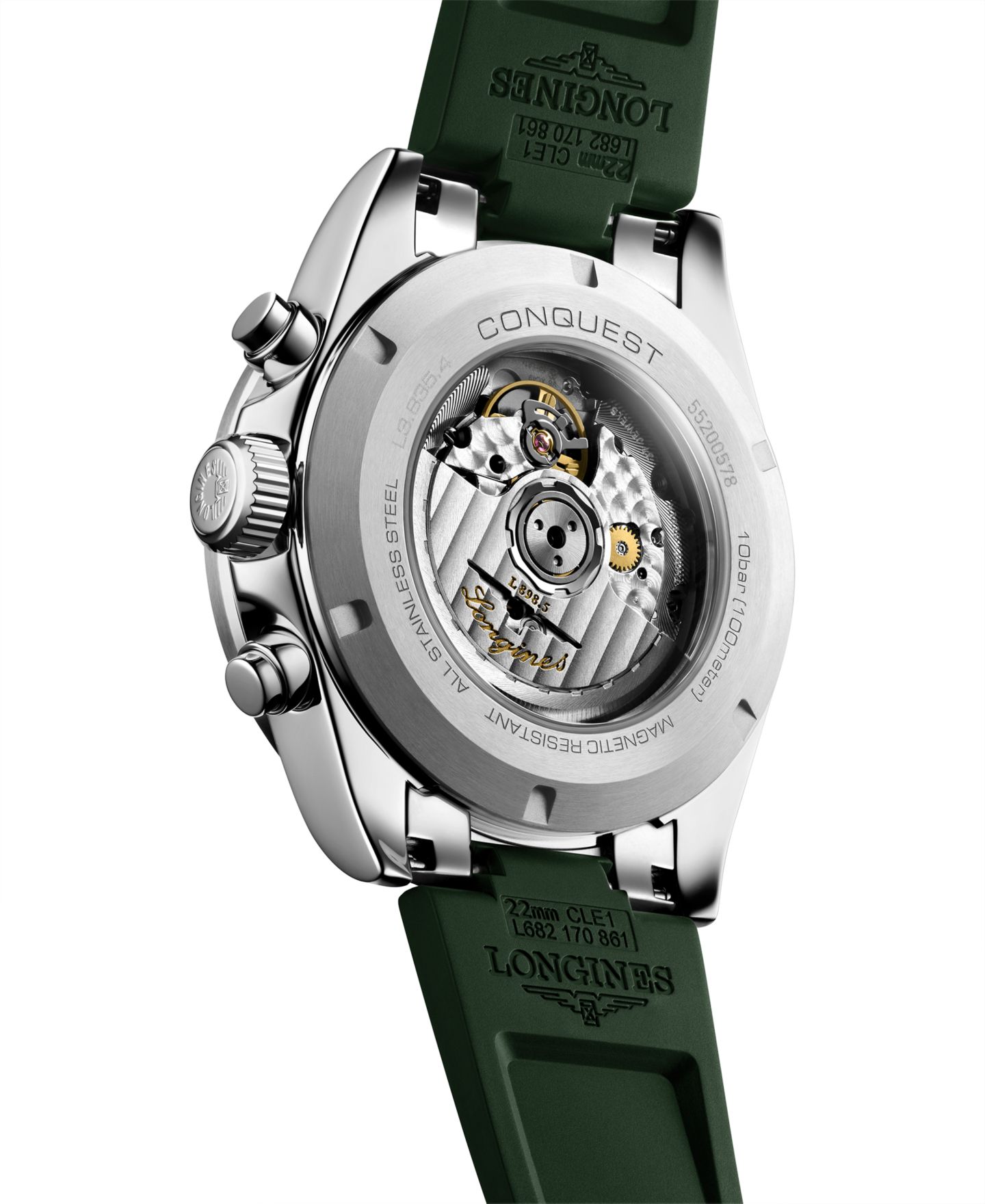 Мужские часы Longines Swiss Automatic Chronograph Conquest Green Rubber Strap Watch 42mm — фото 6